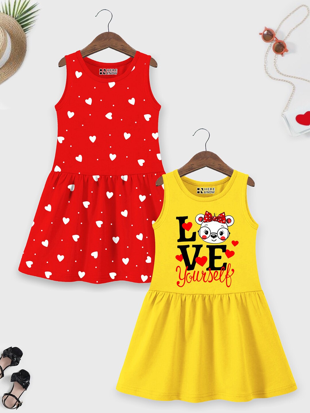 

HERE&NOW Pack of 2 Printed Round Neck Sleeveless Cotton Fit & Flare Dress, Yellow