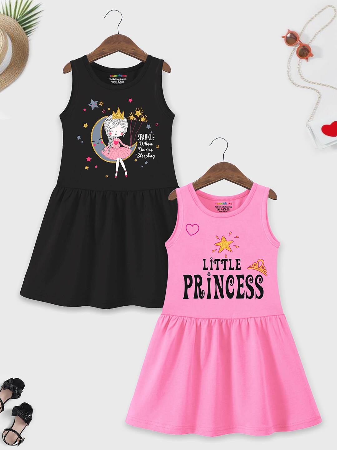

HERE&NOW Pack of 2 Printed Round Neck Sleeveless Cotton Fit & Flare Dress, Black