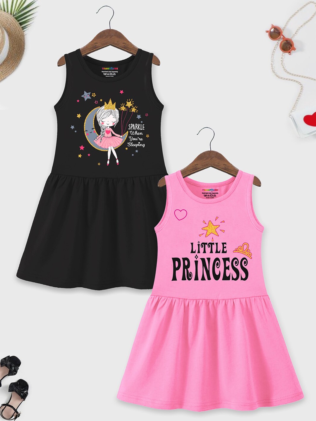

HERE&NOW Pack of 2 Printed Round Neck Sleeveless Cotton Fit & Flare Dress, Black