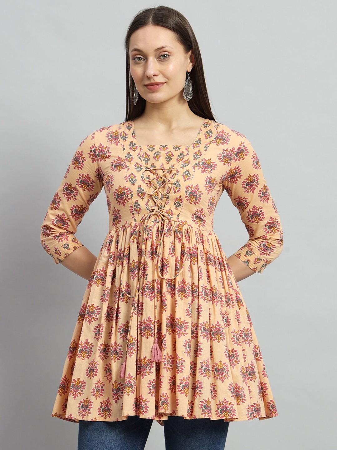 

Gujari Floral Printed Three-Quarter Sleeves Cotton A-Line Pleated Tunic, Beige