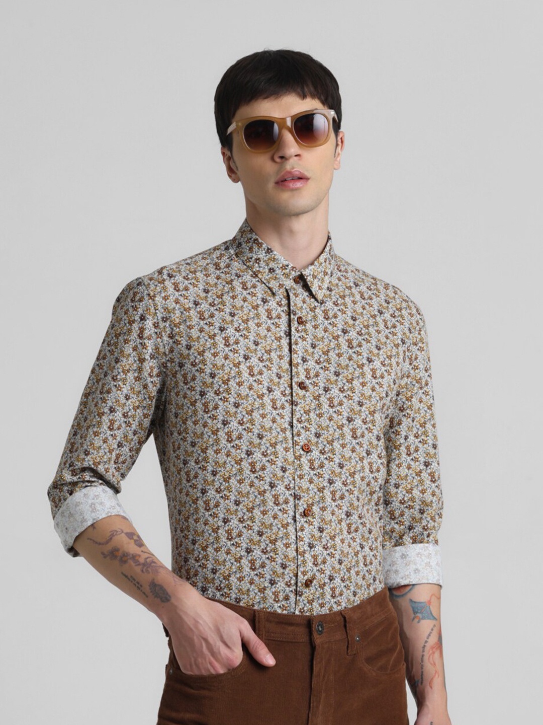 

Jack & Jones Slim Fit Floral Printed Cotton Casual Shirt, Brown