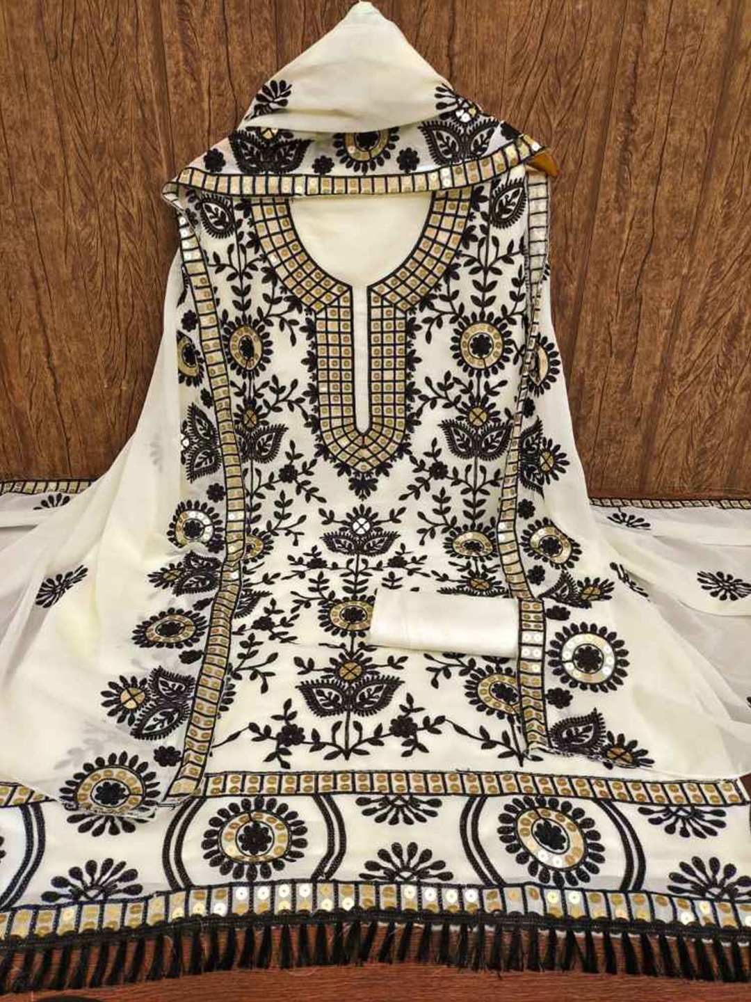 

faxofab Embroidered Sequinned SUnstitched Dress Material, White