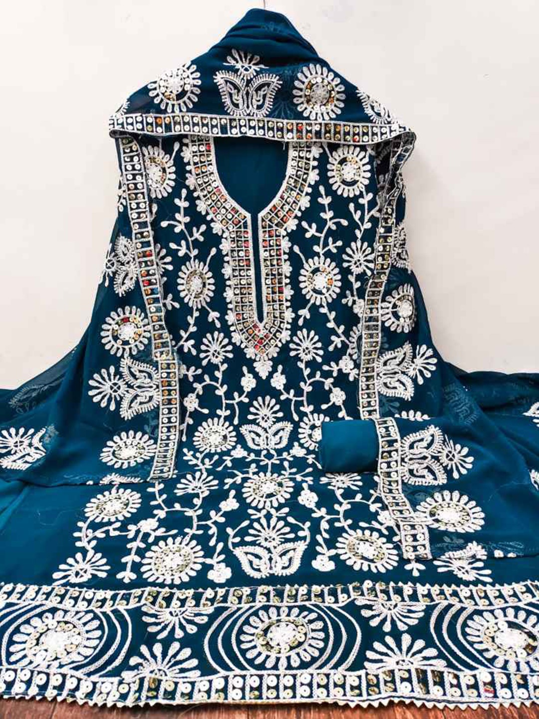 

faxofab Embroidered Unstitched Dress Material, Blue