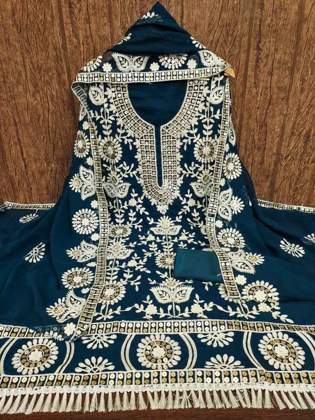 faxofab Embroidered Silk Georgette Unstitched Dress Material, Navy blue
