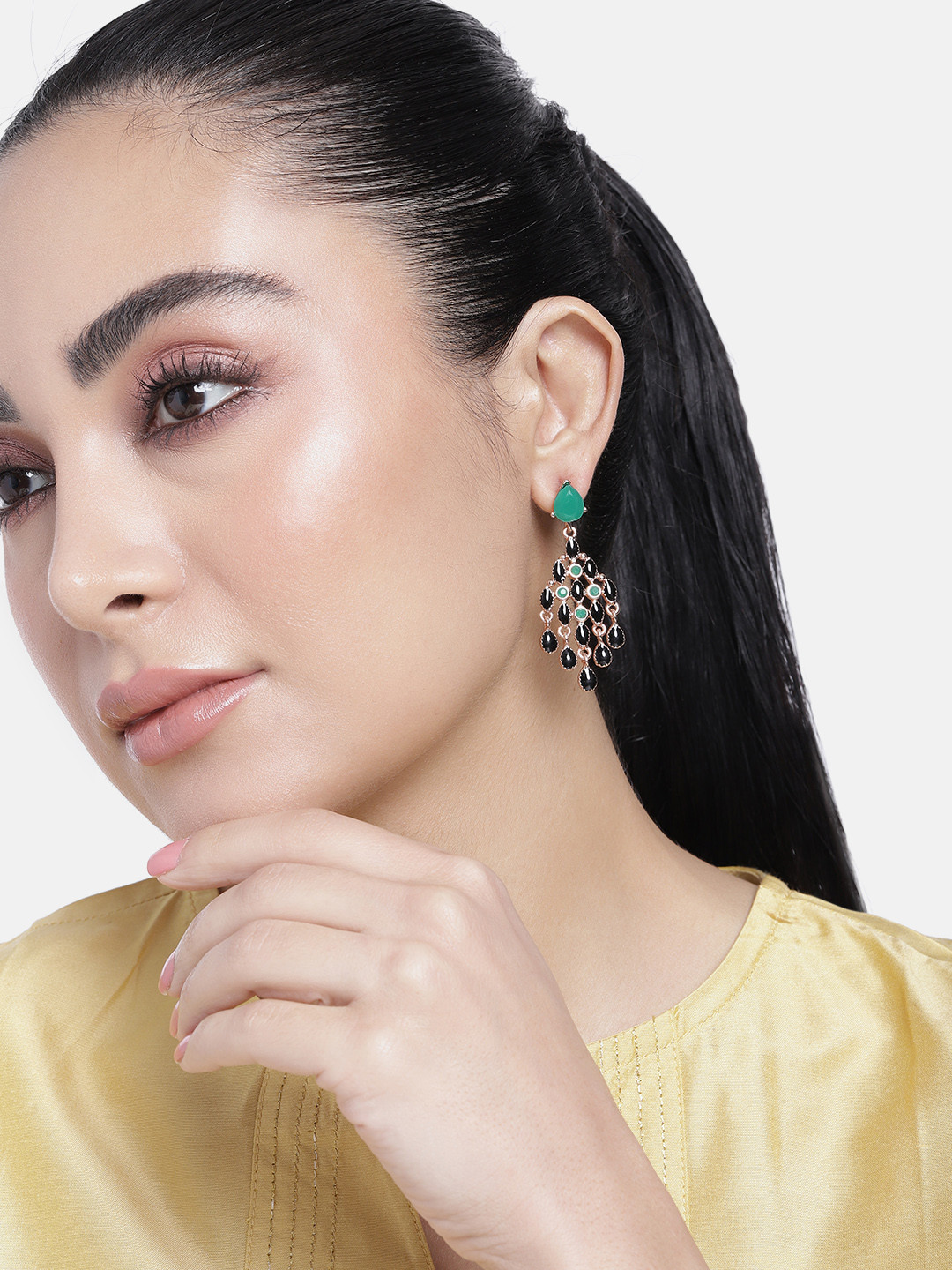 

Estele Rose Gold-Plated Contemporary Drop Earrings, Green