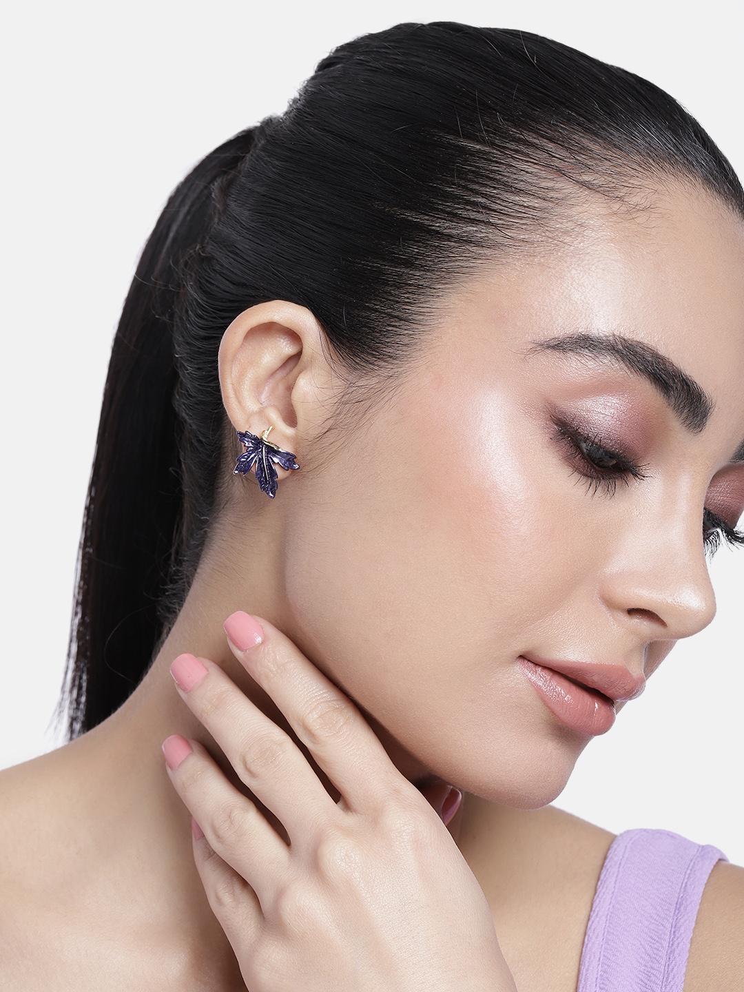 

Estele Gold-Plated Leaf Shaped Enamelled Studs, Purple