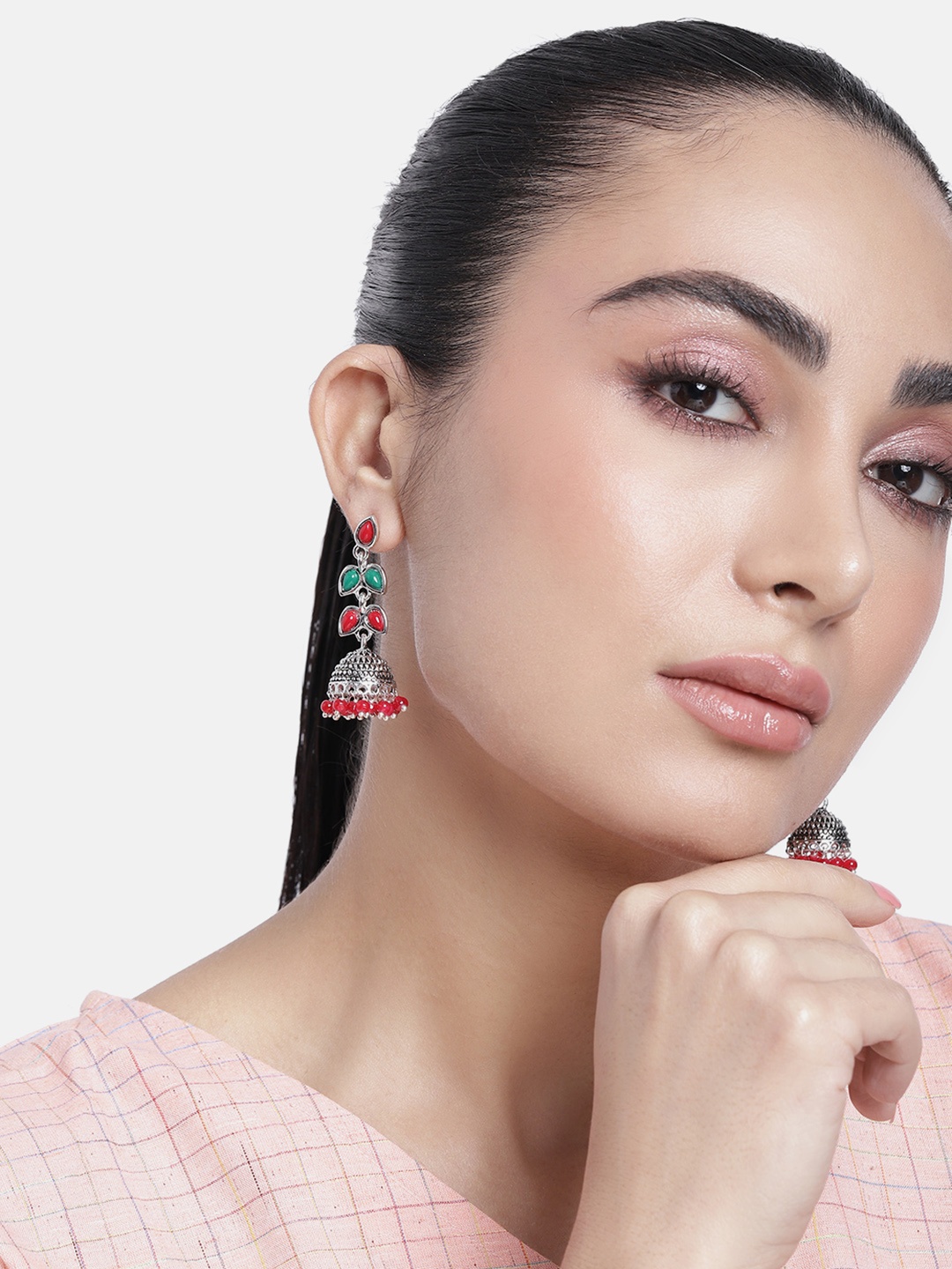 

Estele Rhodium-Plated Enamelled Artificial Beads Dome Shaped Jhumkas, Silver