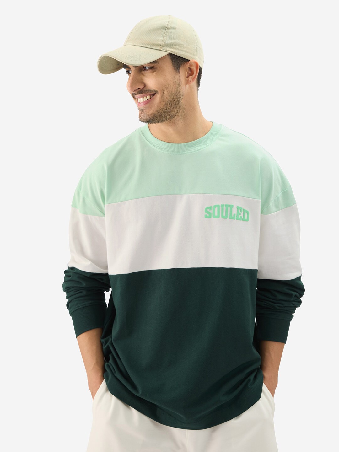 

The Souled Store White & Green Colourblocked Pure Cotton Oversized T-shirt