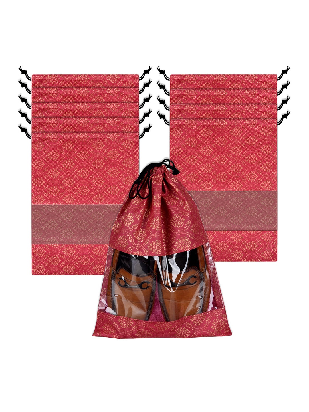 

Kuber Industries 10 Pcs Maroon & Gold-Toned Transparent Window Shoe Cover Bags