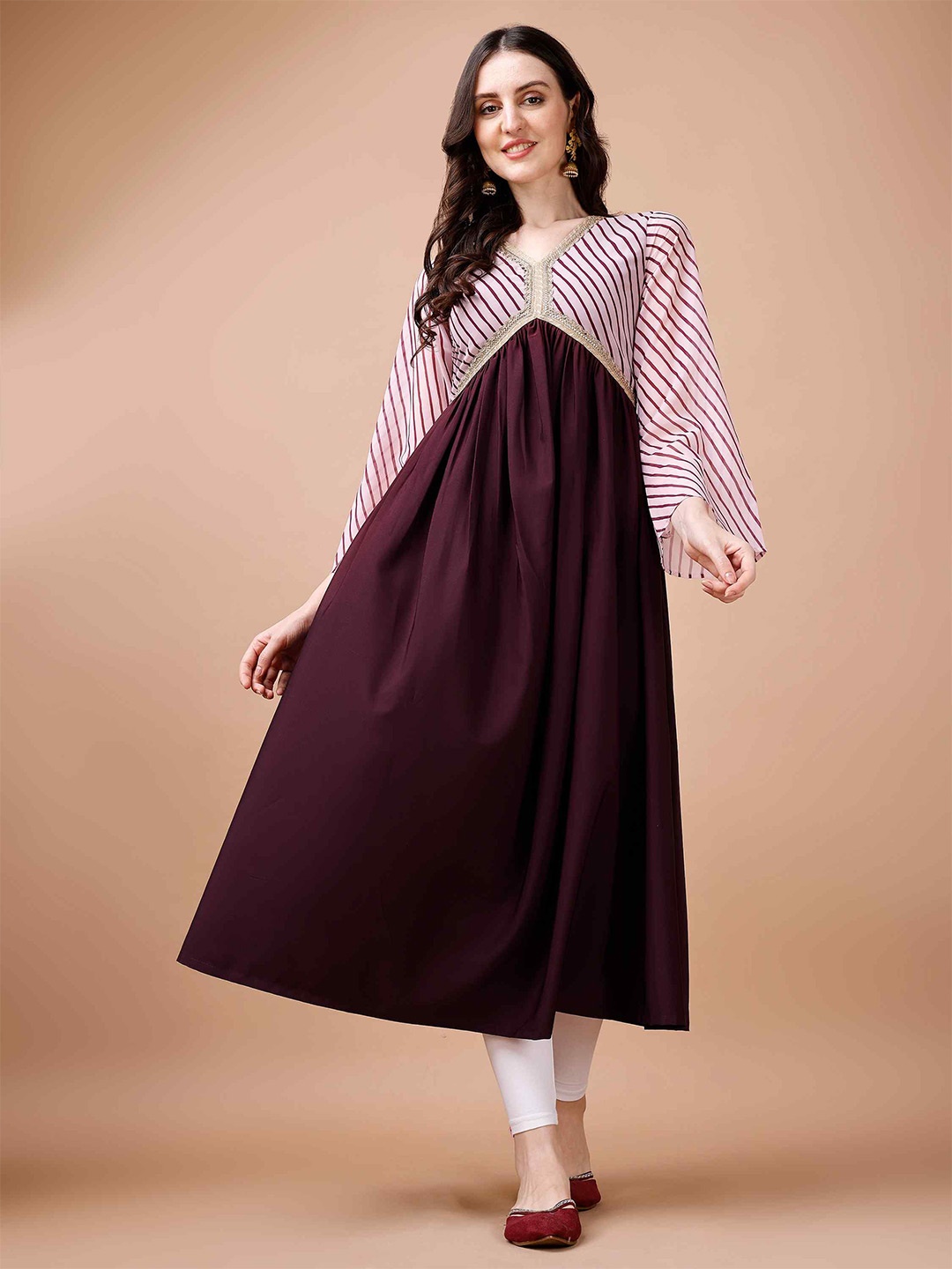 

TextileNow Striped Crepe Empire Style Crepe Ethnic Midi Dress, Burgundy