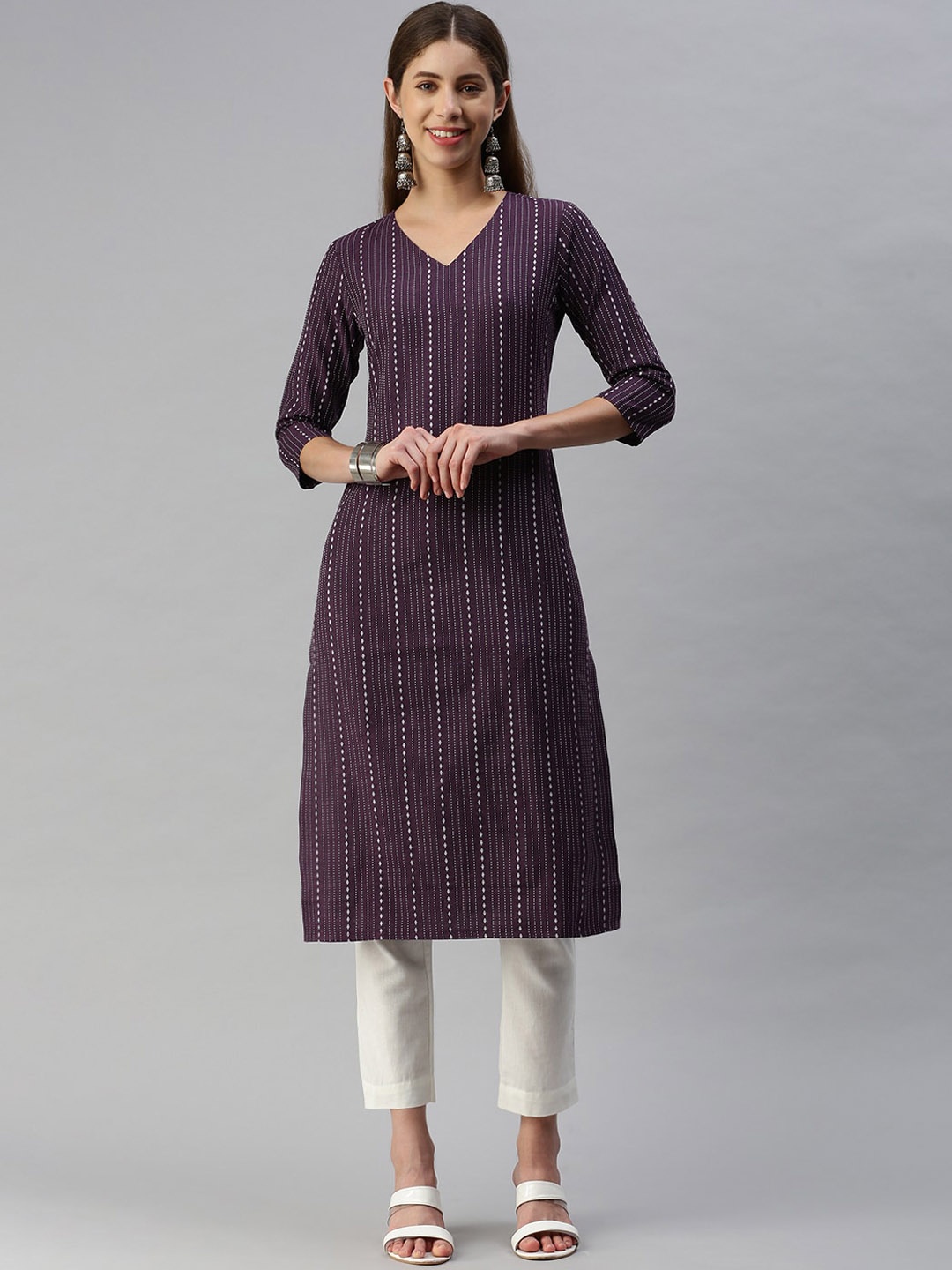 

Shaily Striped Woven Design Jacquard Straight Kurta, Purple