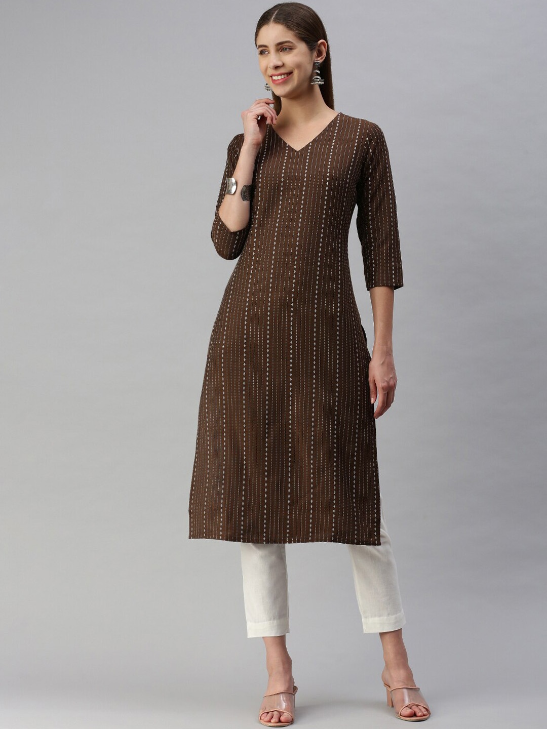 

Shaily V Neck Striped Woven Design Cotton Jacquard Straight Kurta, Brown