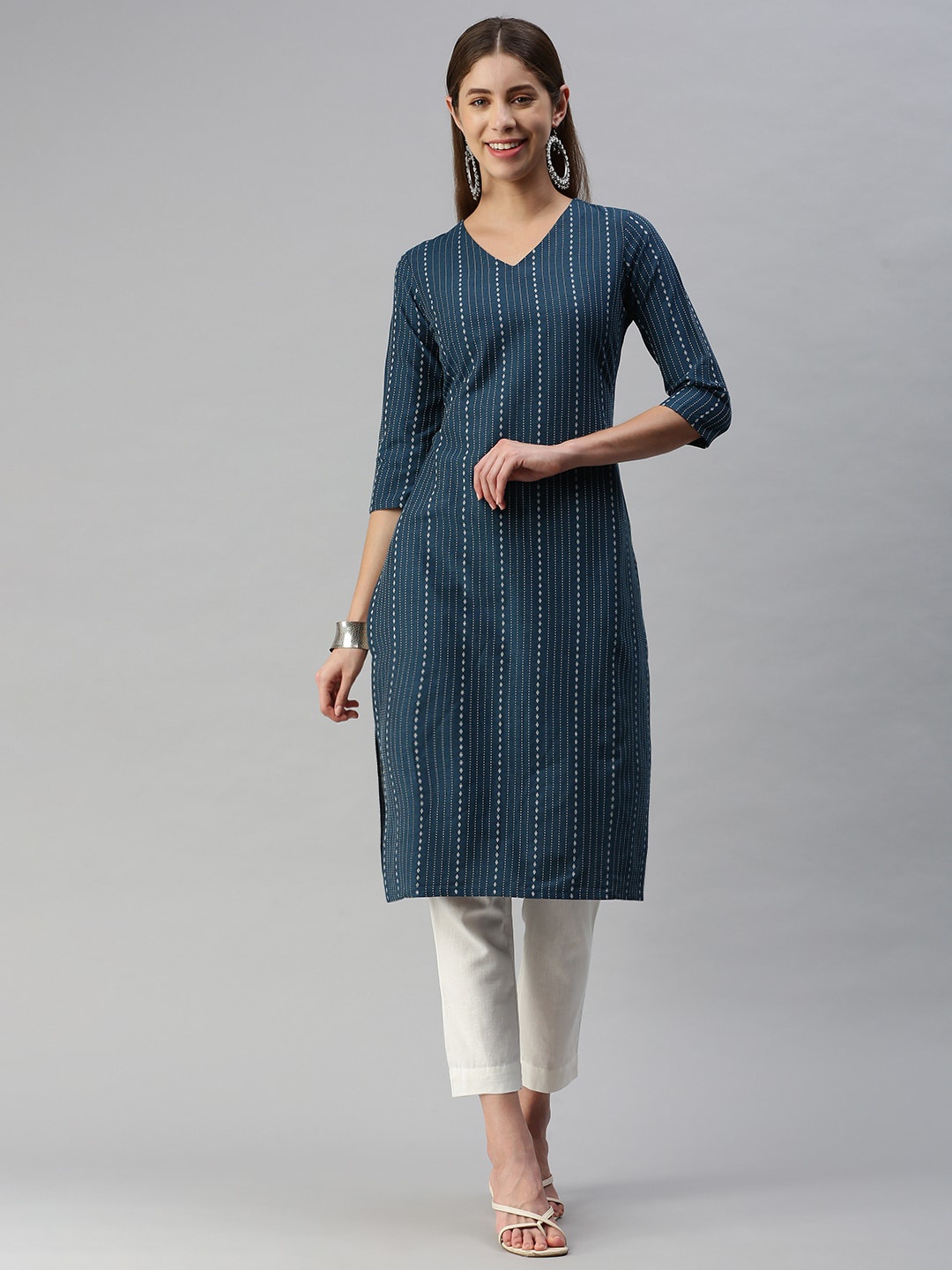 

Shaily V Neck Striped Woven Design Cotton Jacquard Straight Kurta, Teal