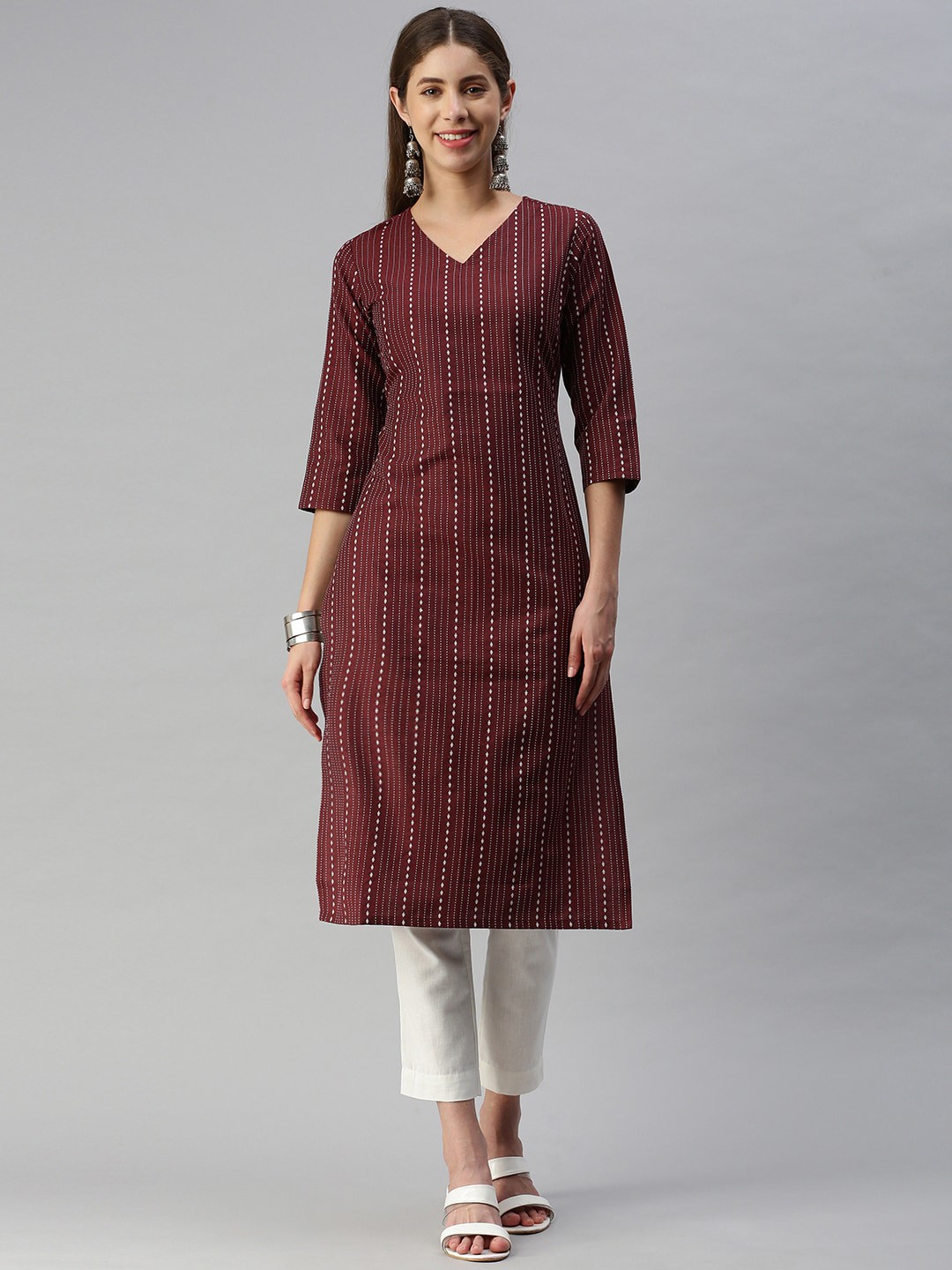 

Shaily Burgundy Striped V-Neck Straight Kurta