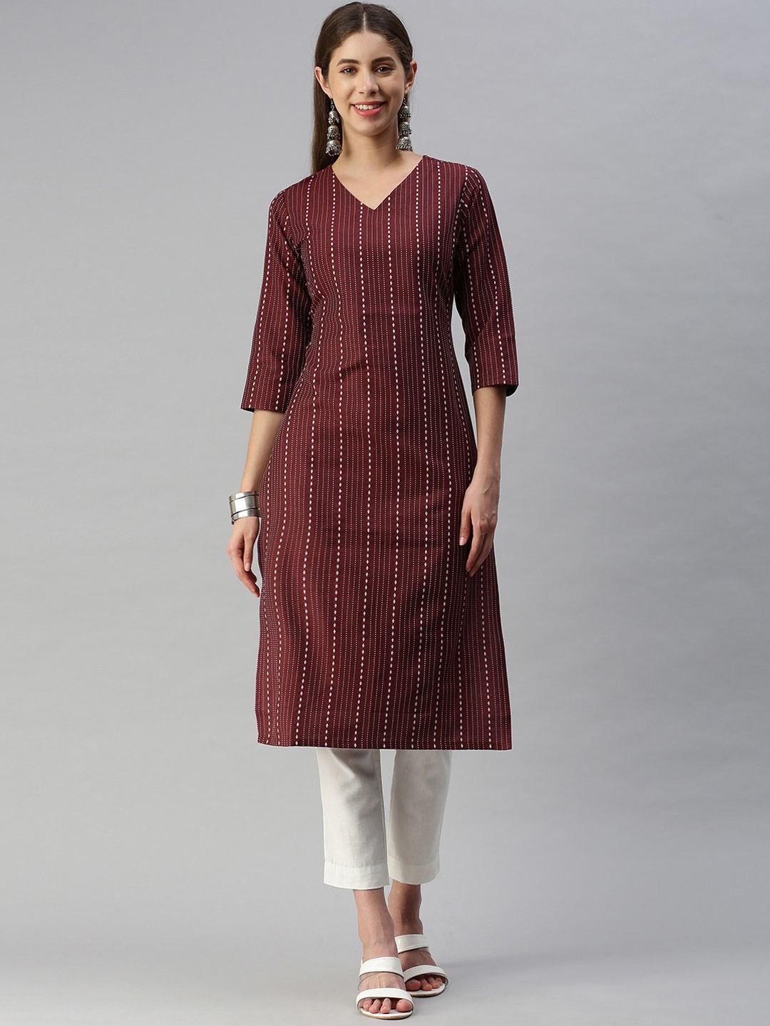 

KALINI Striped Printed V-Neck Straight Casual Kurta, Magenta