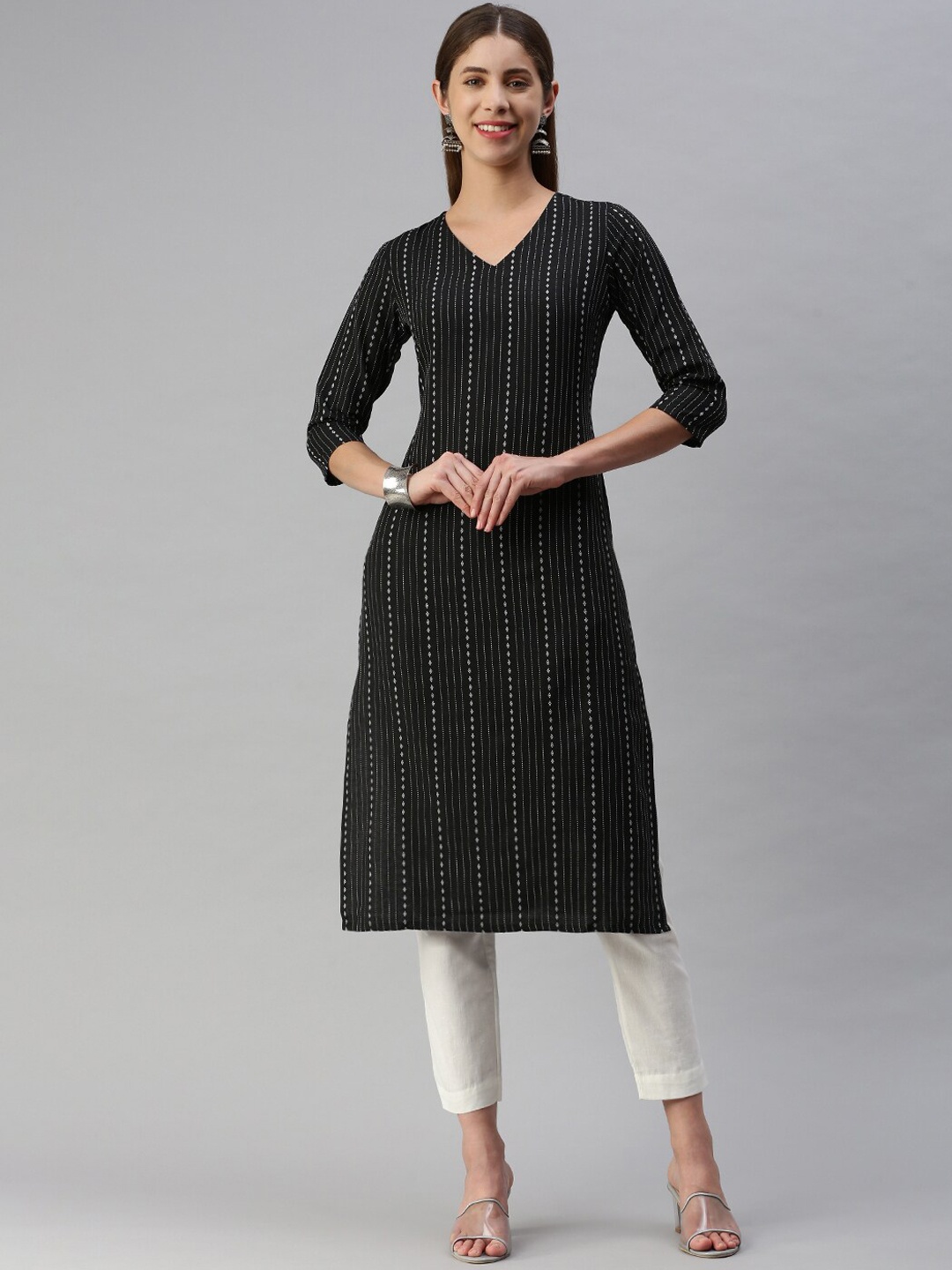 

KALINI Striped Printed V-Neck Straight Casual Kurta, Black