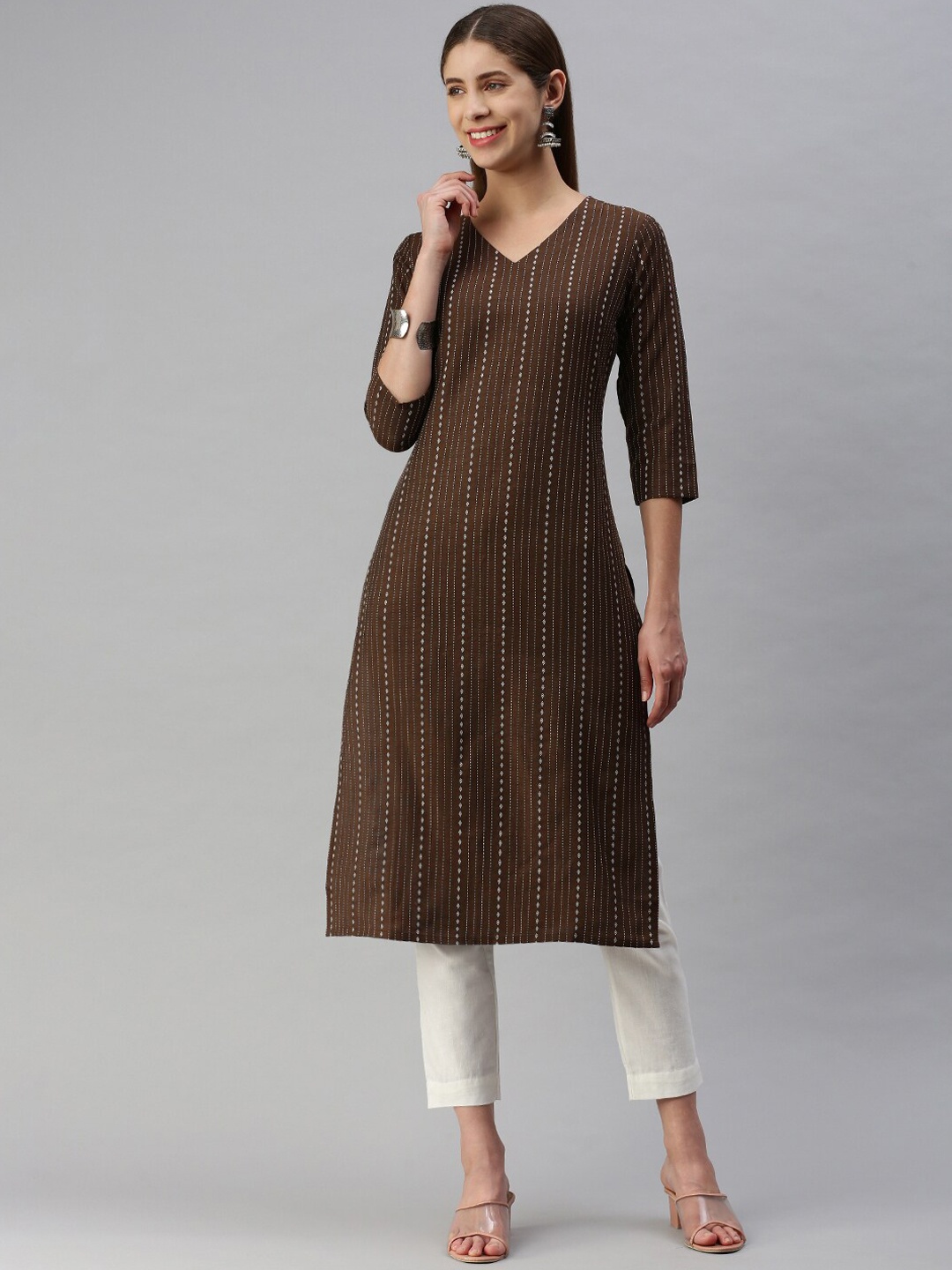 

Saanjh V Neck Striped Woven Design Cotton Jacquard Straight Kurta, Brown