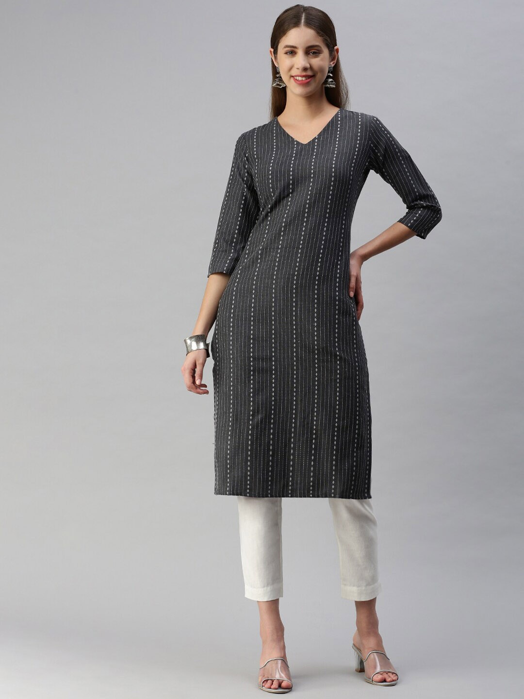

Saanjh Grey Striped Embroidered V-Neck Thread Work Straight Kurta