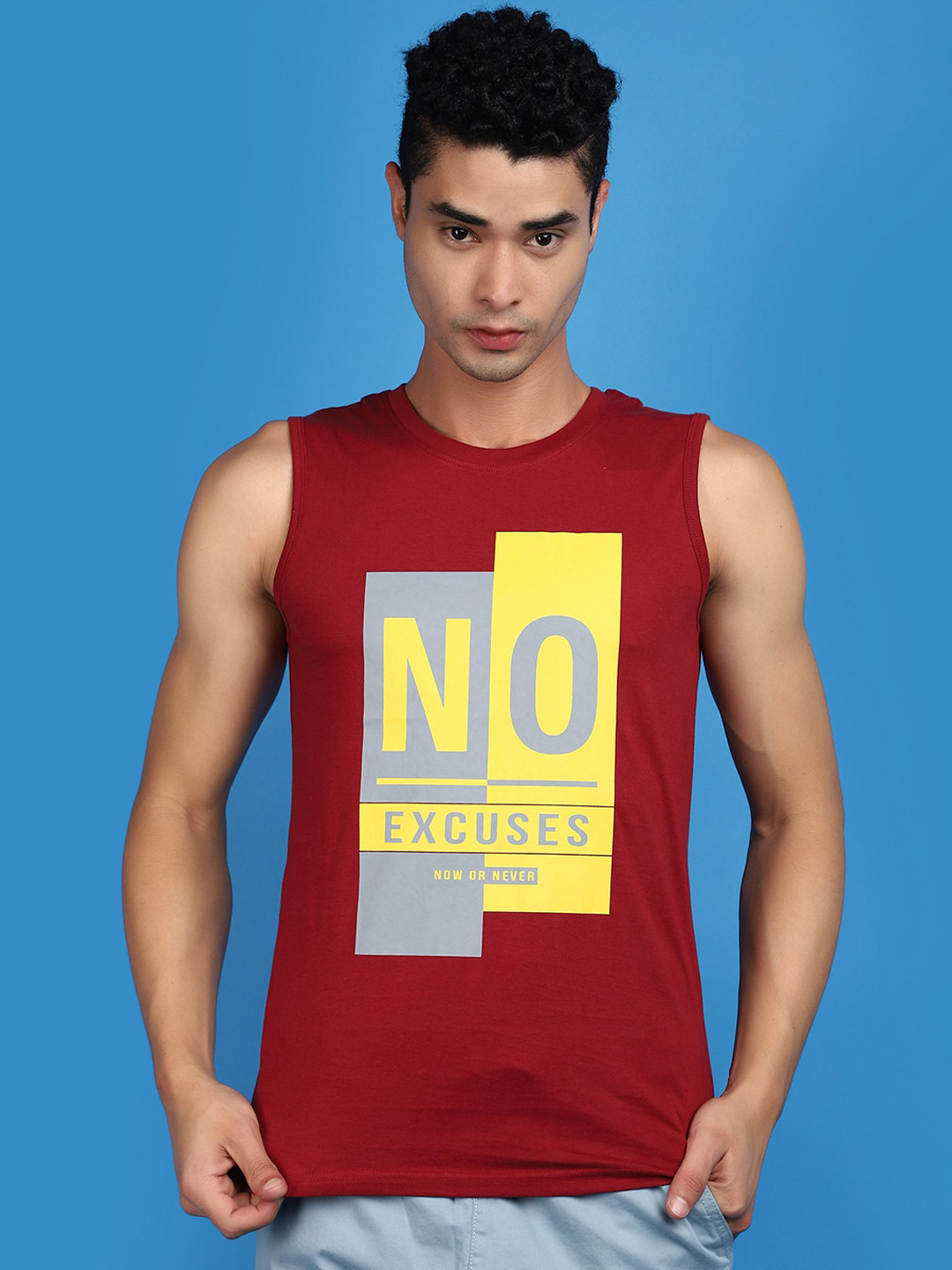 

V-Mart Typography Printed Sleeveless Cotton Tshirt, Maroon
