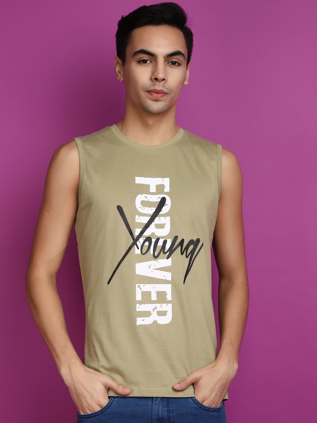 

V-Mart Typography Printed Sleeveless Cotton Tshirt, Beige