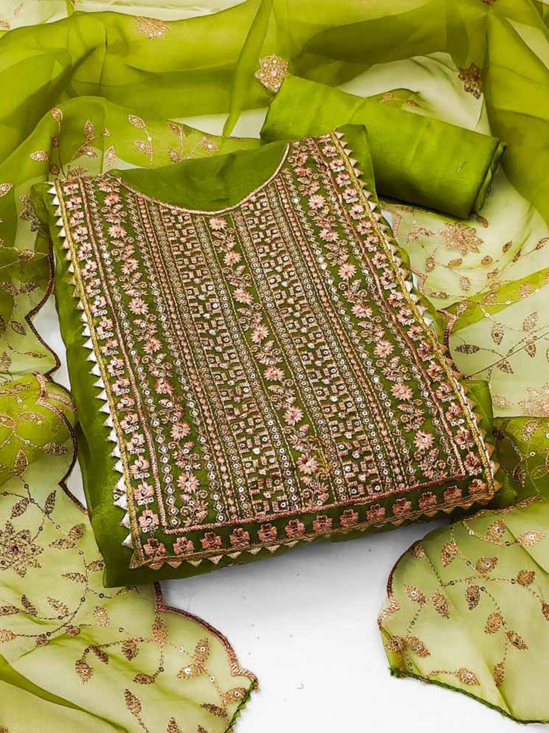 

faxofab Ethnic Motifs Sequinned Unstitched Dress Material, Green