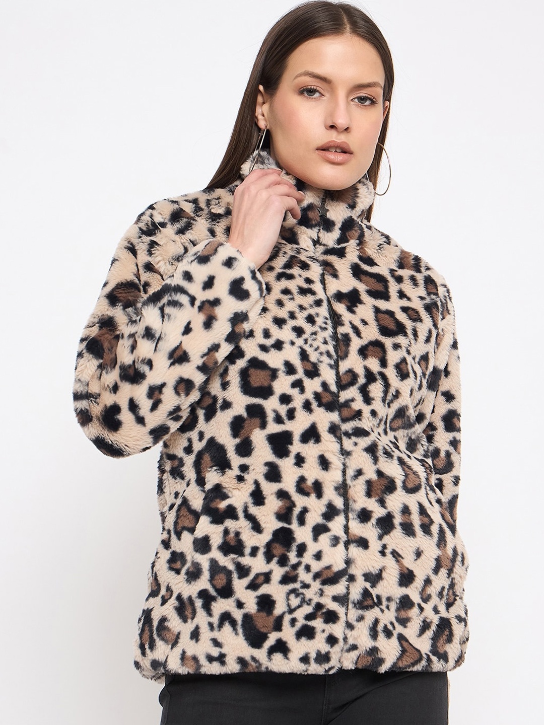 

Duke Self Designed Mock Collar Faux Fur Tailored Jacket, Beige