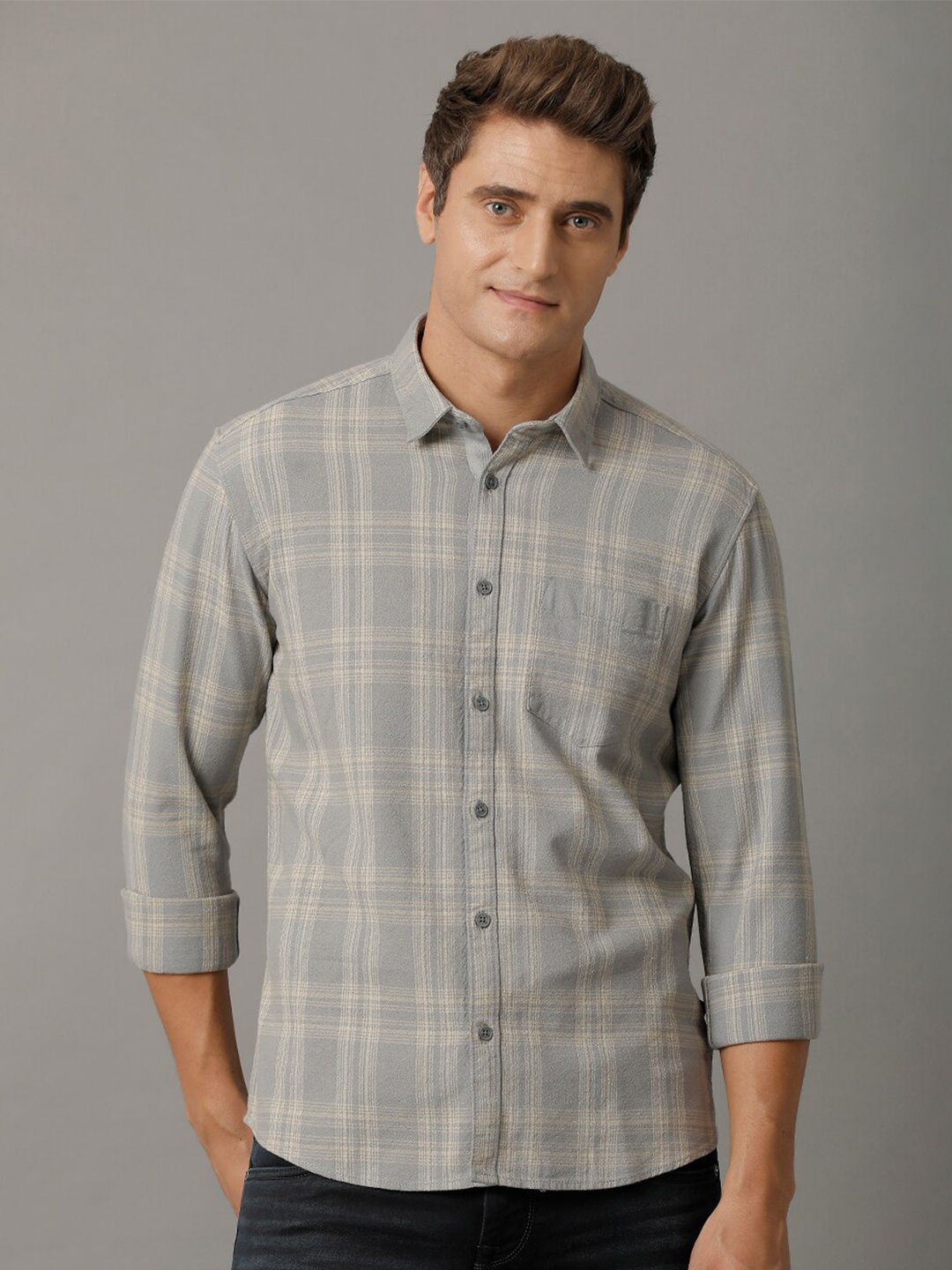 

Voi Jeans Comfort Tartan Checks Opaque Checked Casual Shirt, Grey
