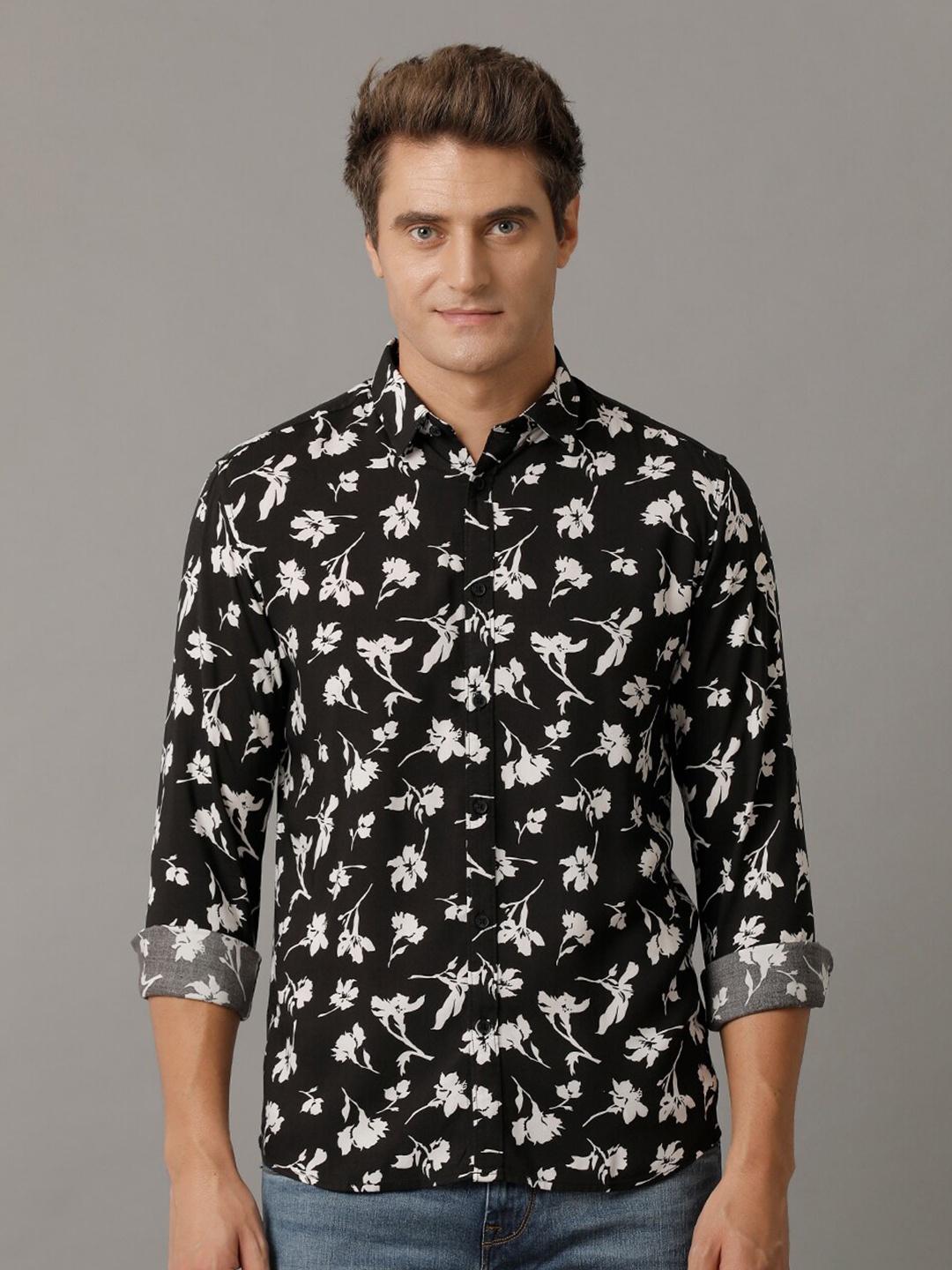 Voi Jeans Comfort Slim Fit Floral Printed Opaque Casual Shirt, Black