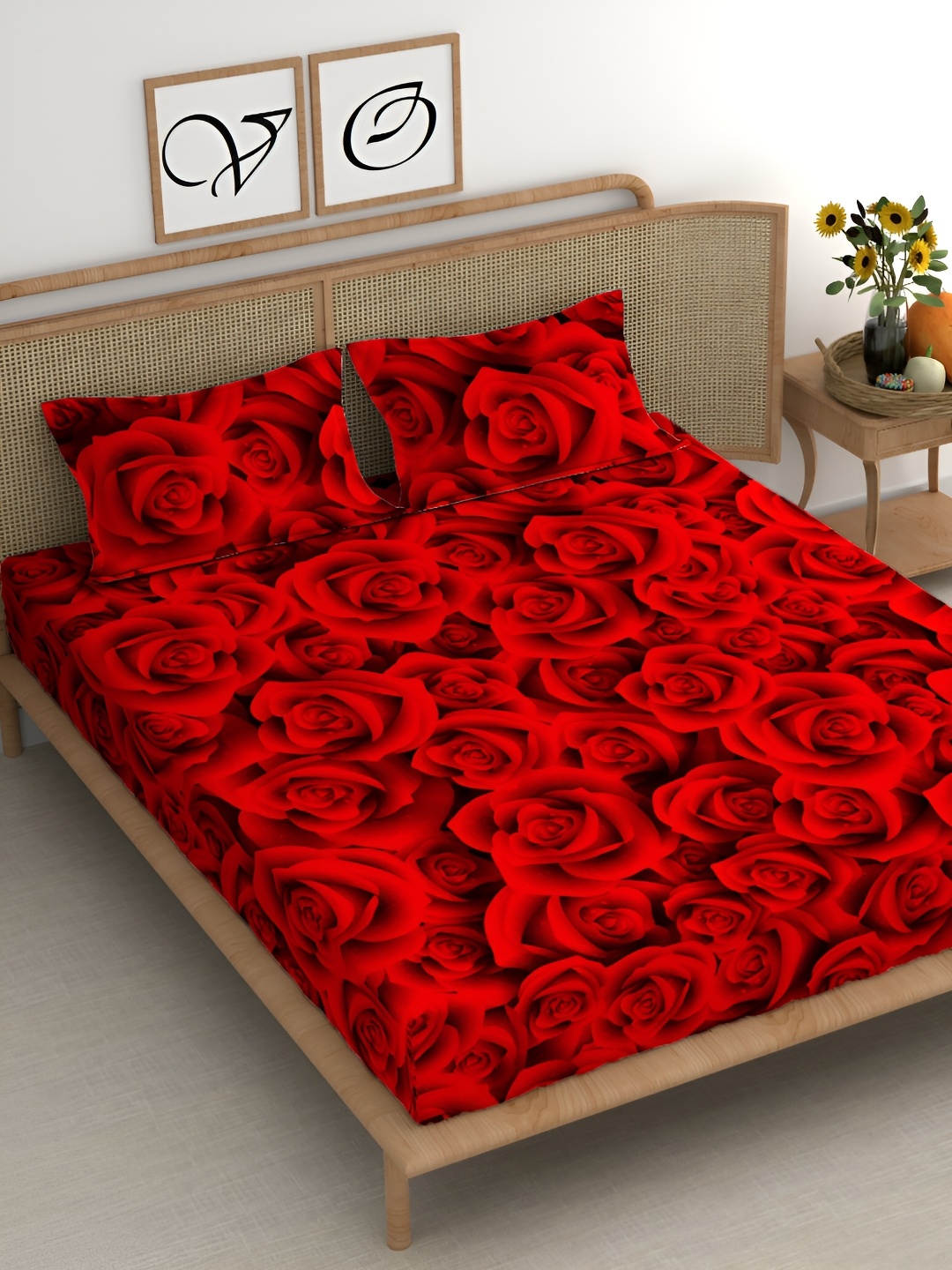 

CHHAVI INDIA Red Floral Microfiber 210 TC Fitted Queen Bedsheet with 2 Pillow Covers