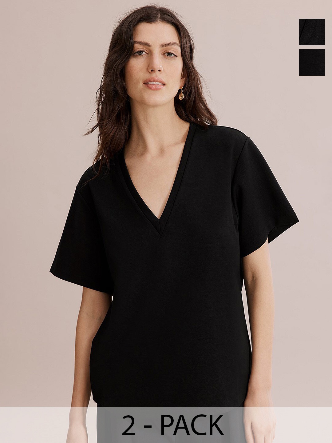 

COLOR CAPITAL Pack Of 2 V-Neck Drop Shoulder Sleeves T-Shirt, Black
