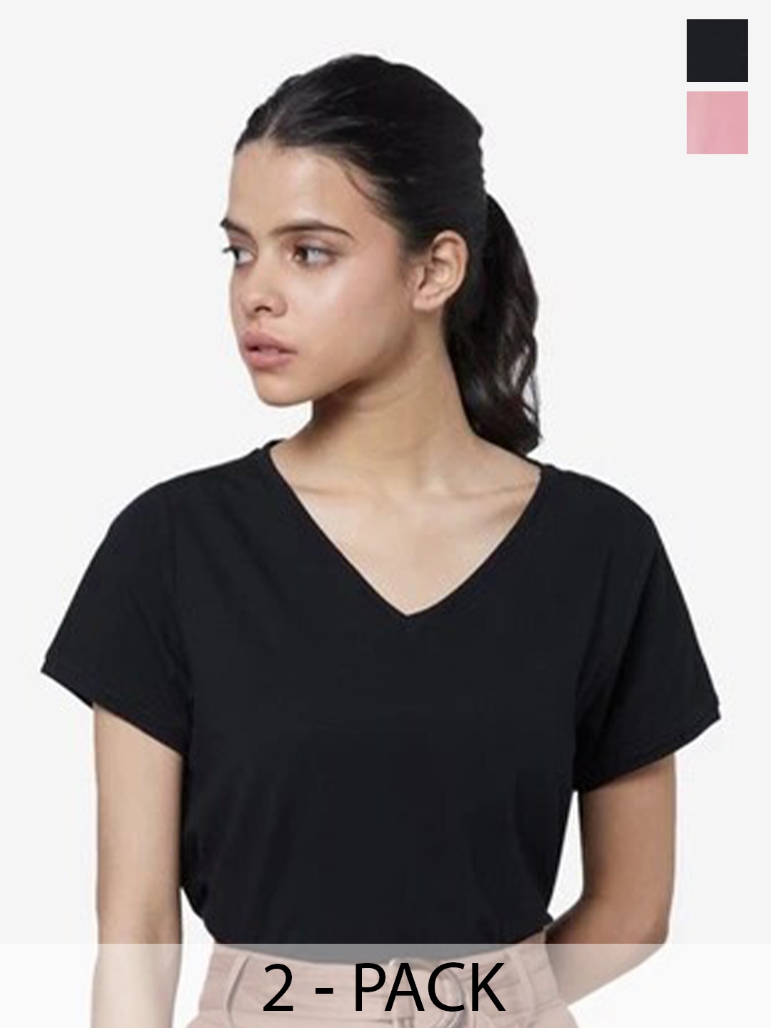 

COLOR CAPITAL Pack Of 2 V-Neck Short Sleeves Relaxed Fit T-shirts, Black