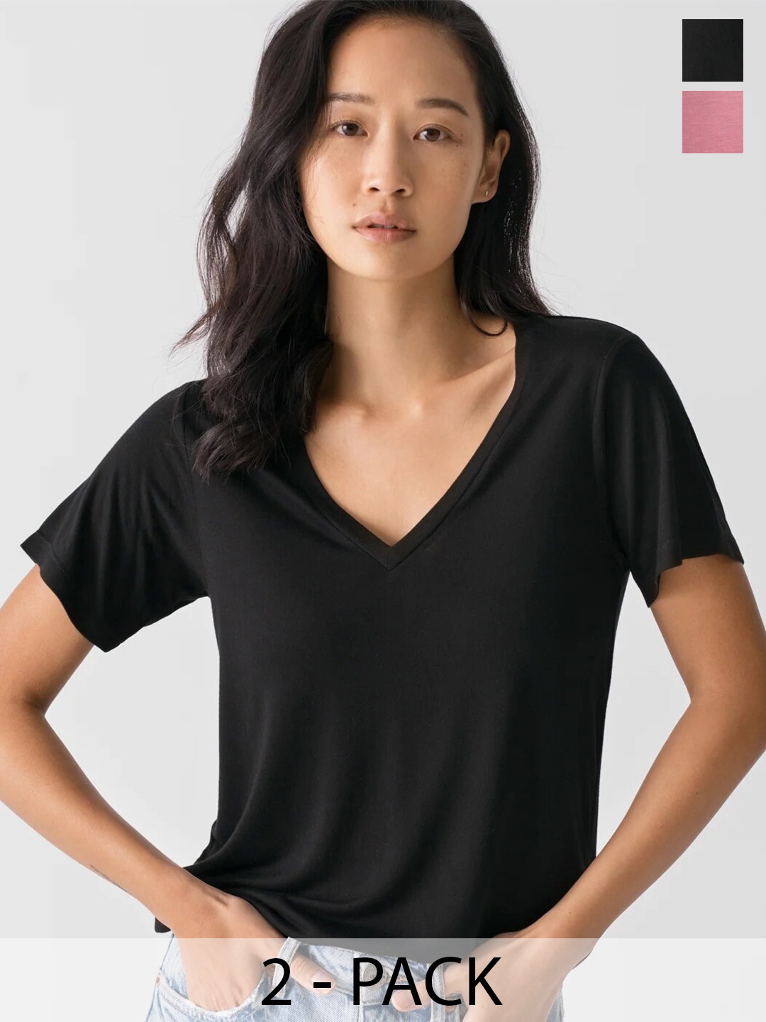 

COLOR CAPITAL Pack Of 2 V-Neck Short Sleeves Relaxed Fit T-shirts, Black