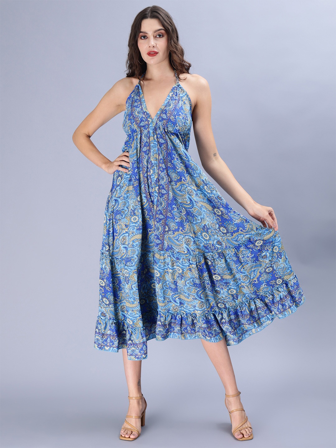 

Aditi Wasan Floral Printed Halter Neck Flared Empire Midi Dress, Blue