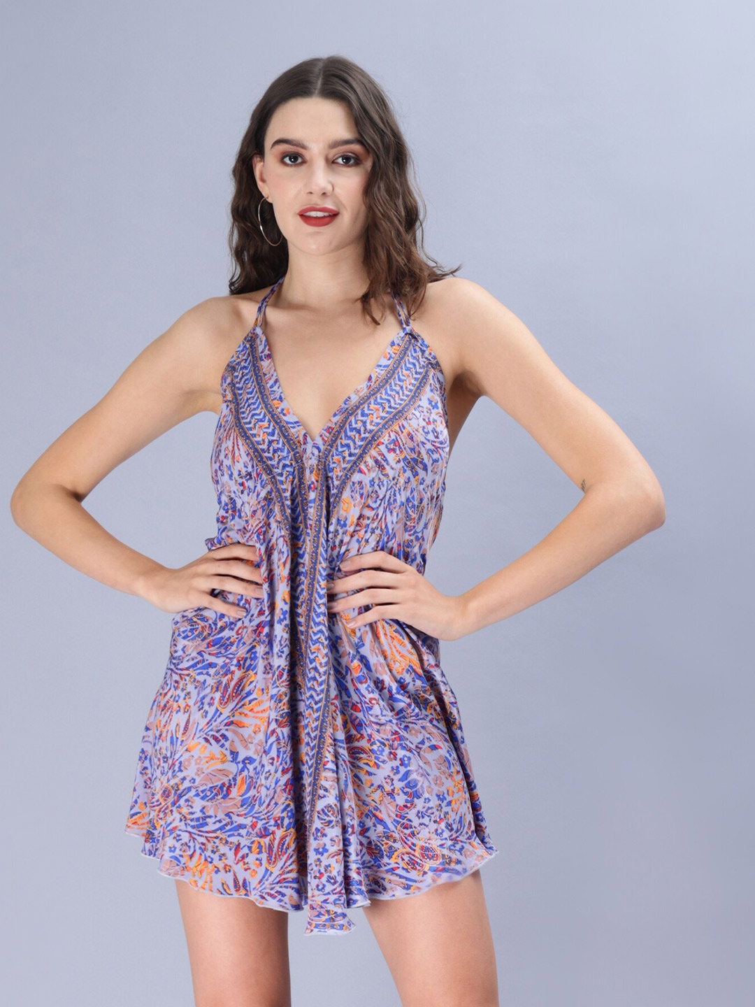 

Aditi Wasan Floral Printed Flared Halter Neck Fit & Flare Mini Dress, Blue