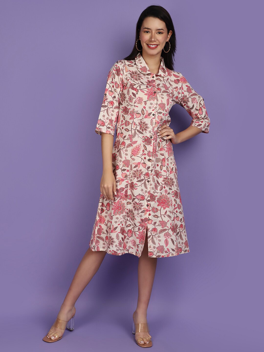 

V-Mart Floral Printed Shirt Collar Shirt Midi Dress, Pink