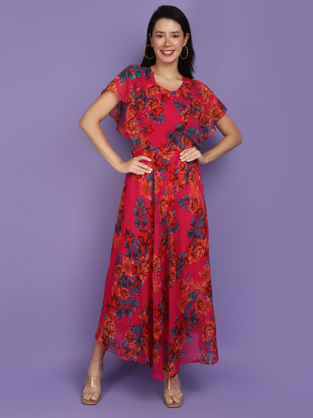 

V-Mart Floral Print Flutter Sleeve Fit & Flare Maxi Dress, Pink