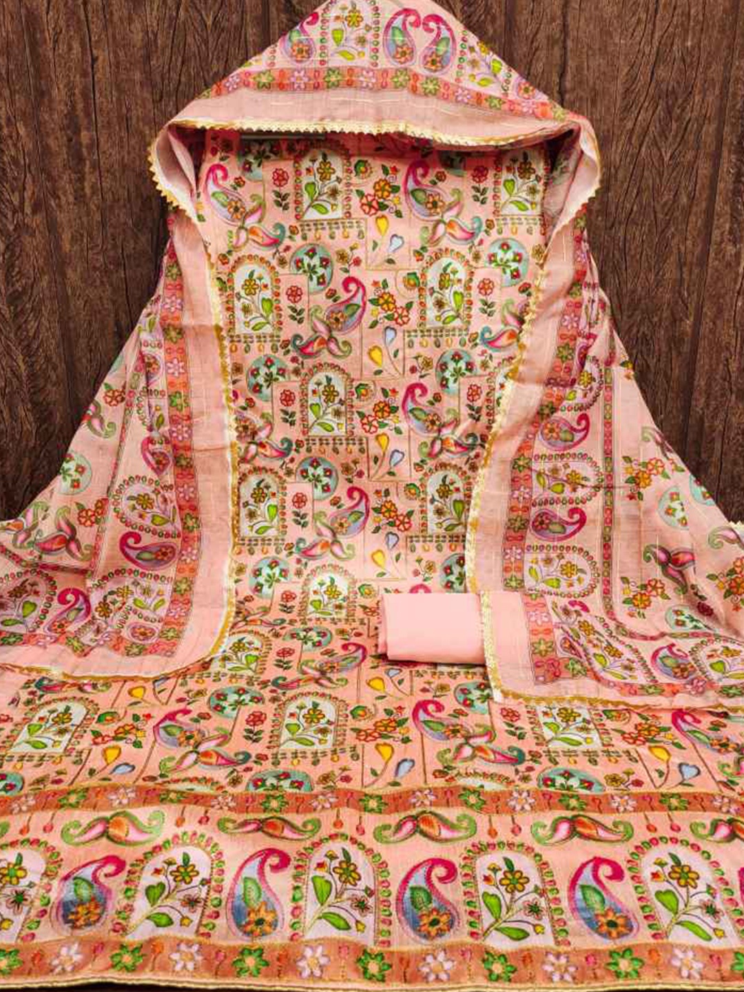 

faxofab Printed Unstitched Dress Material, Peach