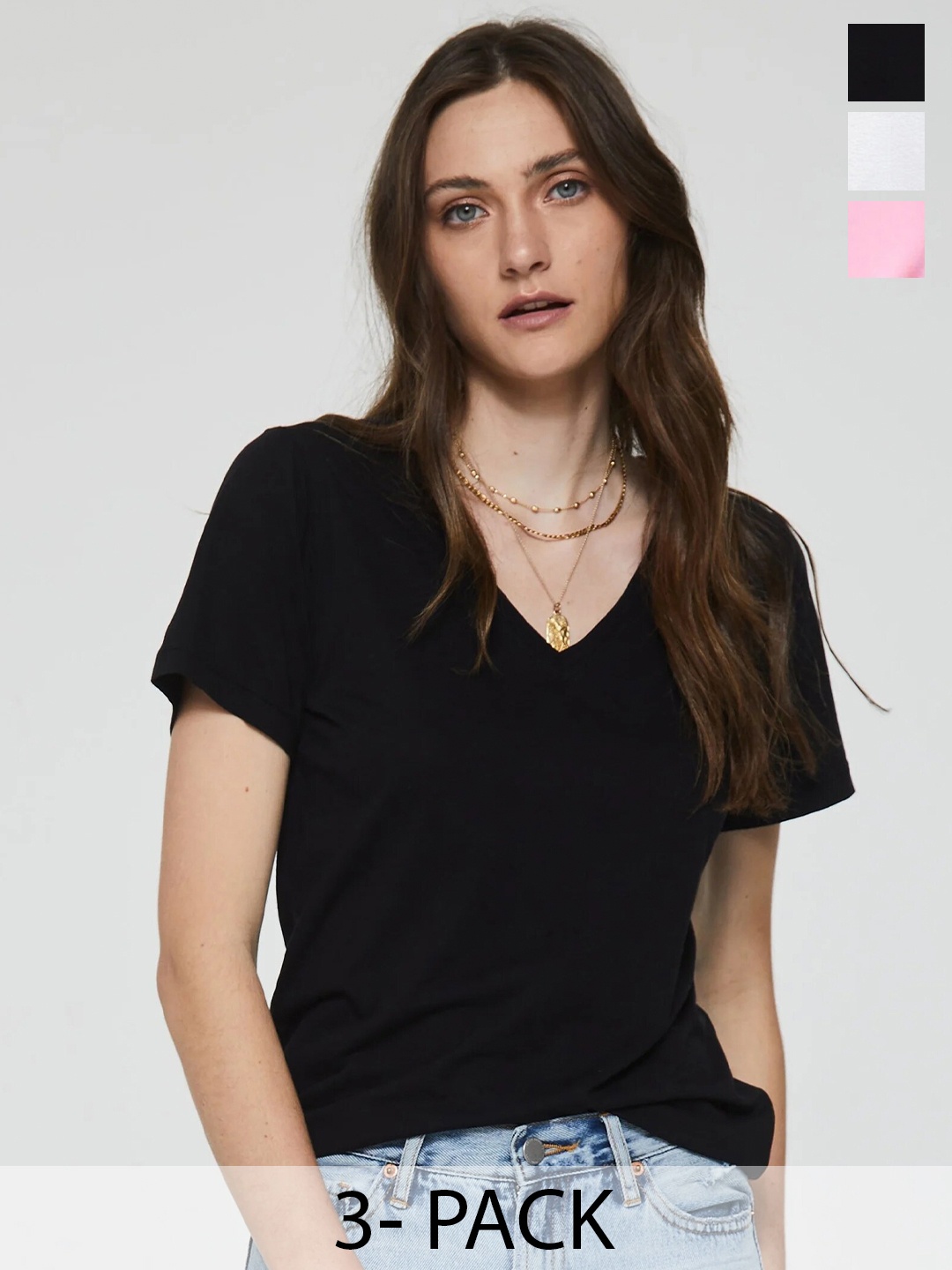 

COLOR CAPITAL Pack Of 3 V-Neck Short Sleeves Relaxed Fit T-shirts, Black