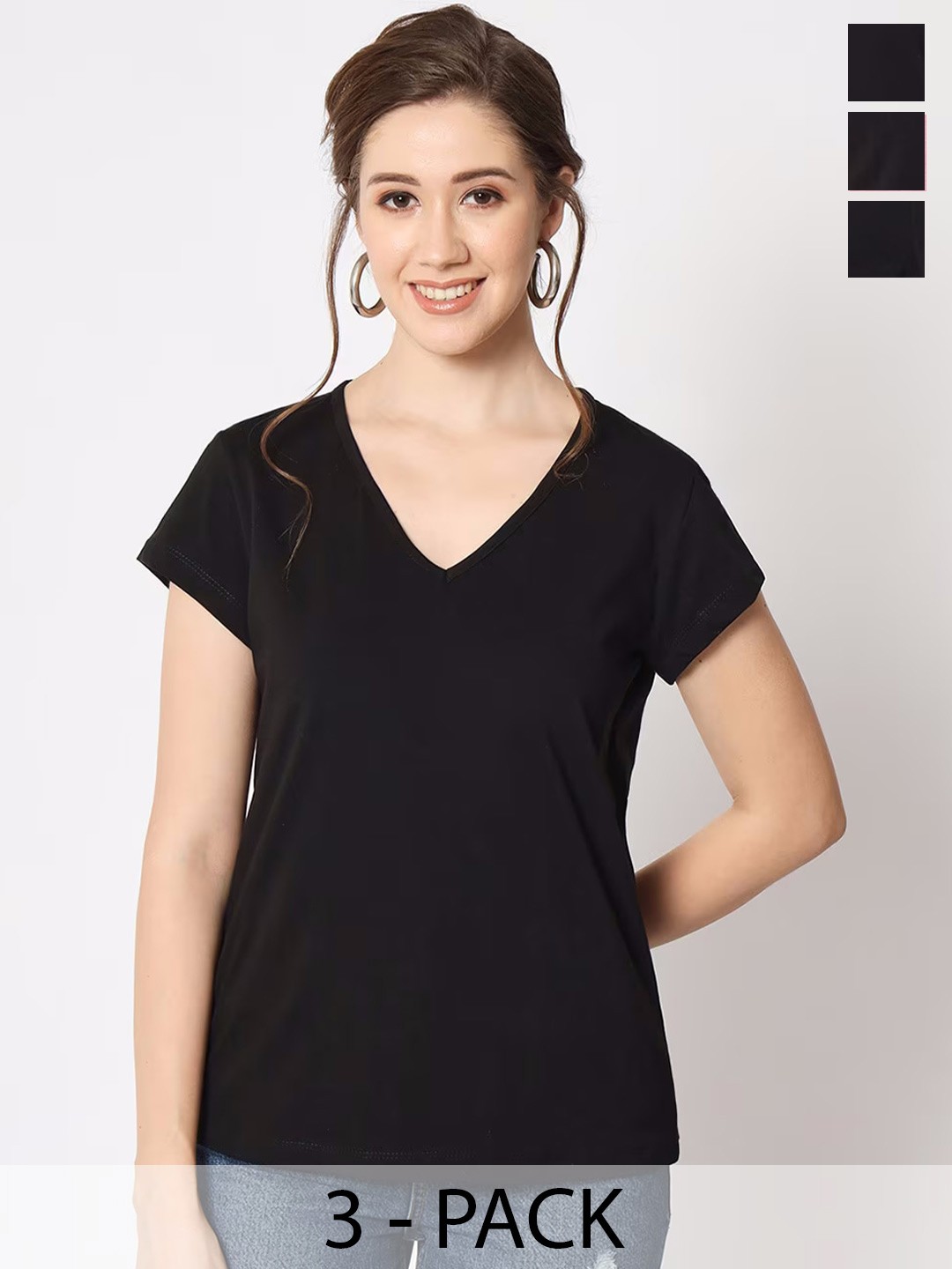 

COLOR CAPITAL Pack Of 3 V-Neck Short Sleeves Relaxed Fit T-shirts, Black
