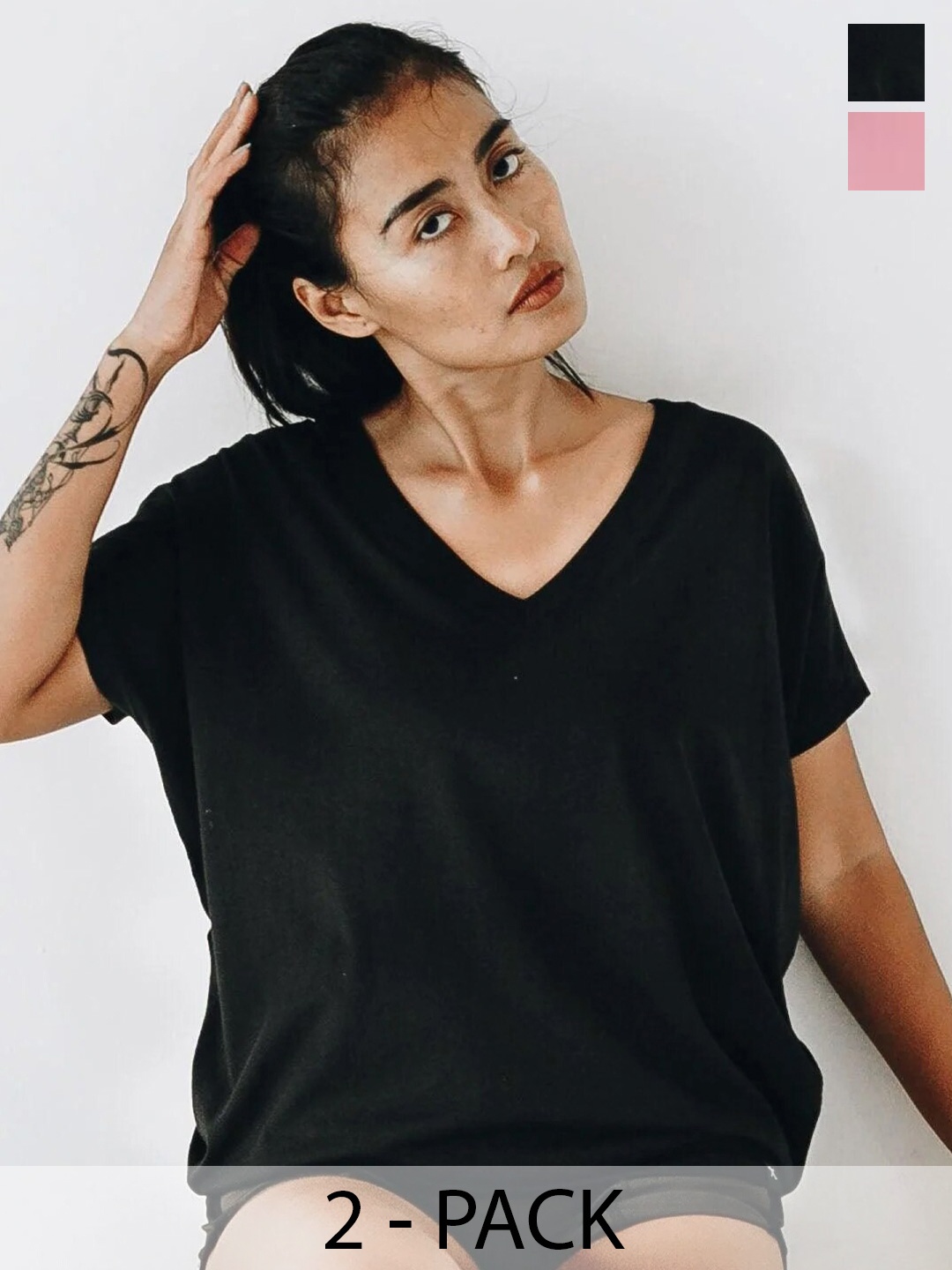 

COLOR CAPITAL Pack Of 2 V-Neck Extended Sleeves Relaxed Fit T-shirts, Black