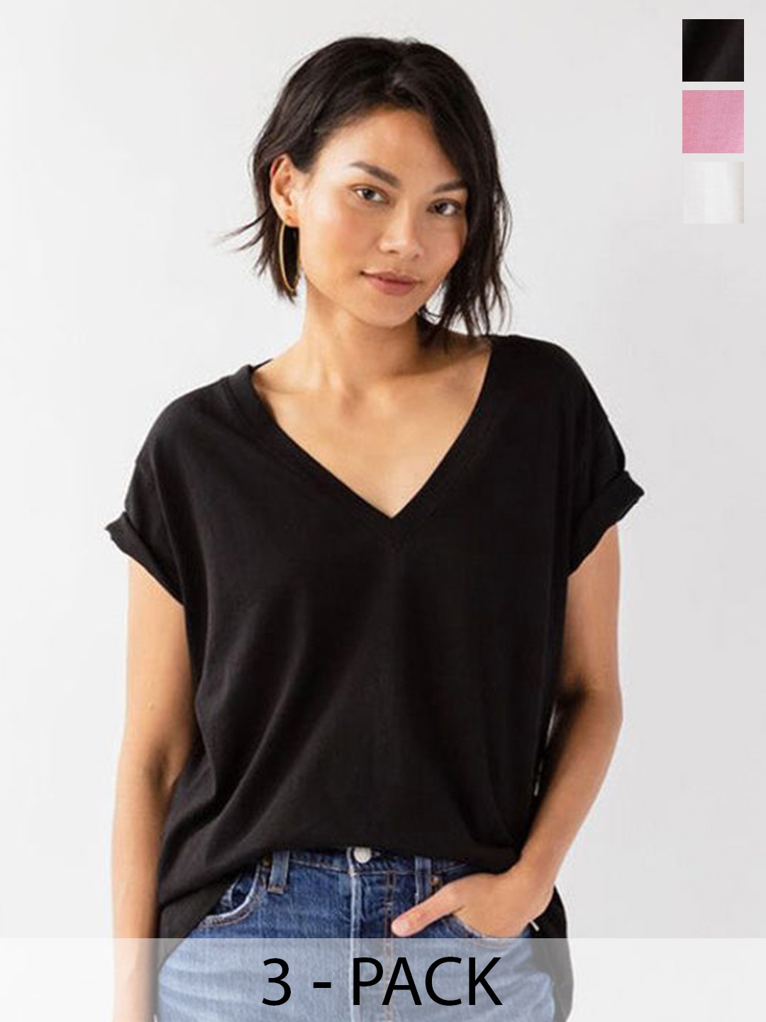 COLOR CAPITAL Pack Of 3 V-Neck T-Shirt, Black