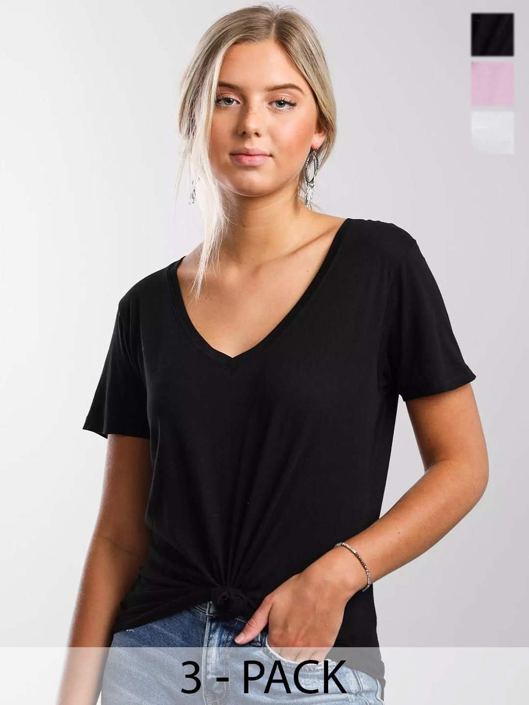 COLOR CAPITAL Pack Of 3 V-Neck Short Sleeves Relaxed Fit T-shirts, Black