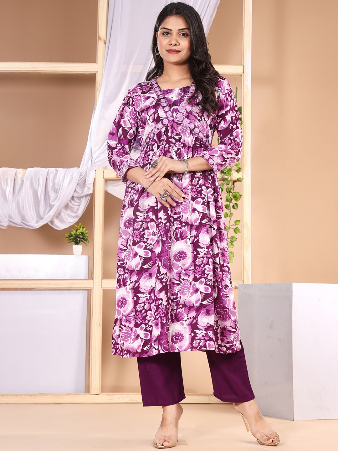 

SK2 Fashion Floral Printed Mirror Work Empire A Line Kurta With Trousers, Purple