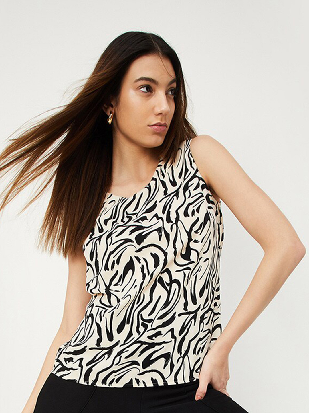 

max Animal Print Round Neck Sleeveless Cotton Top, Beige