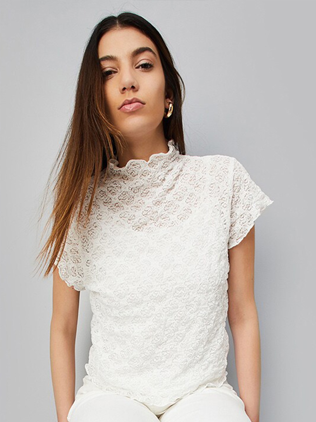 

max Floral Self Design Short Sleeves Top, White