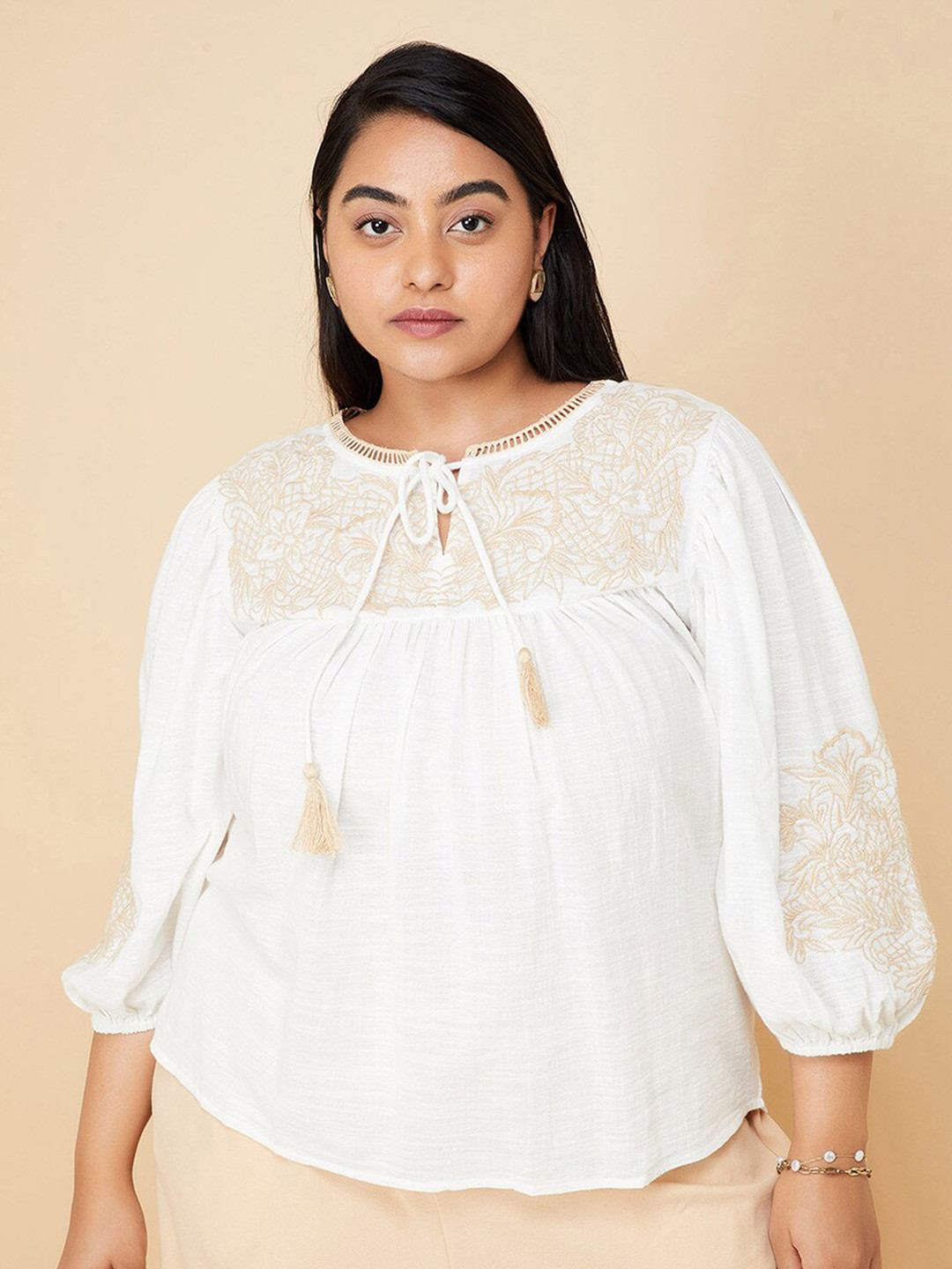

max Self Design Tie-Up Neck Puff Sleeves Cotton Top, White