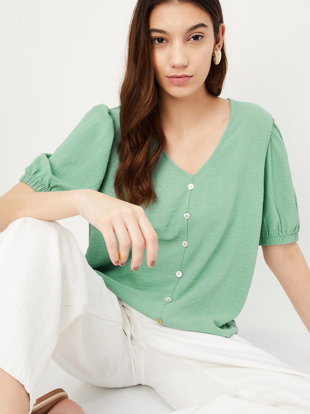 

max V-Neck Puff Sleeves Casual Top, Green