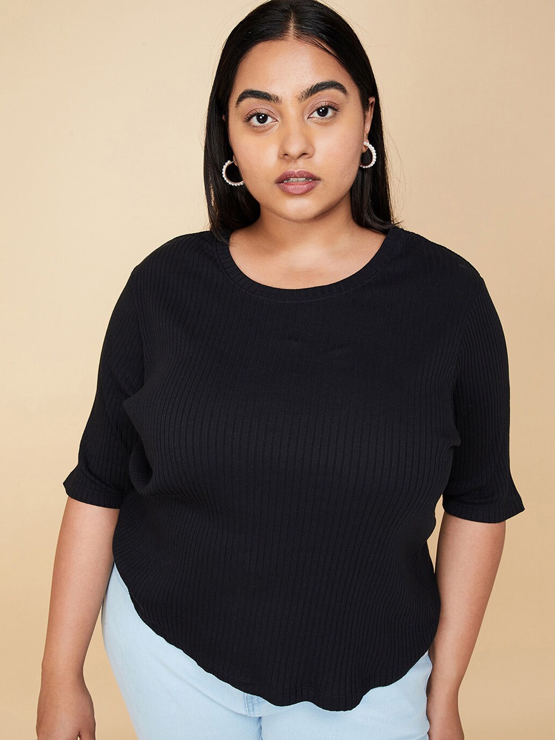 

max Round Neck Short Sleeves Cotton Top, Black