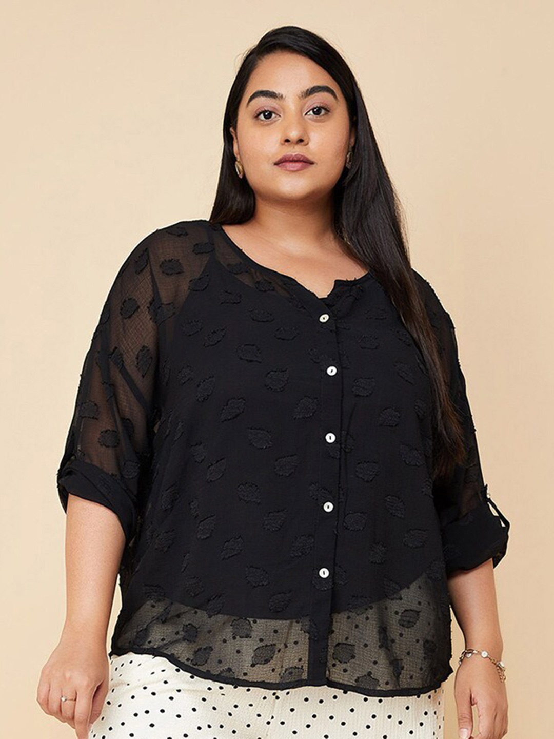 

max Plus Size Self Design Shirt Style Top, Black