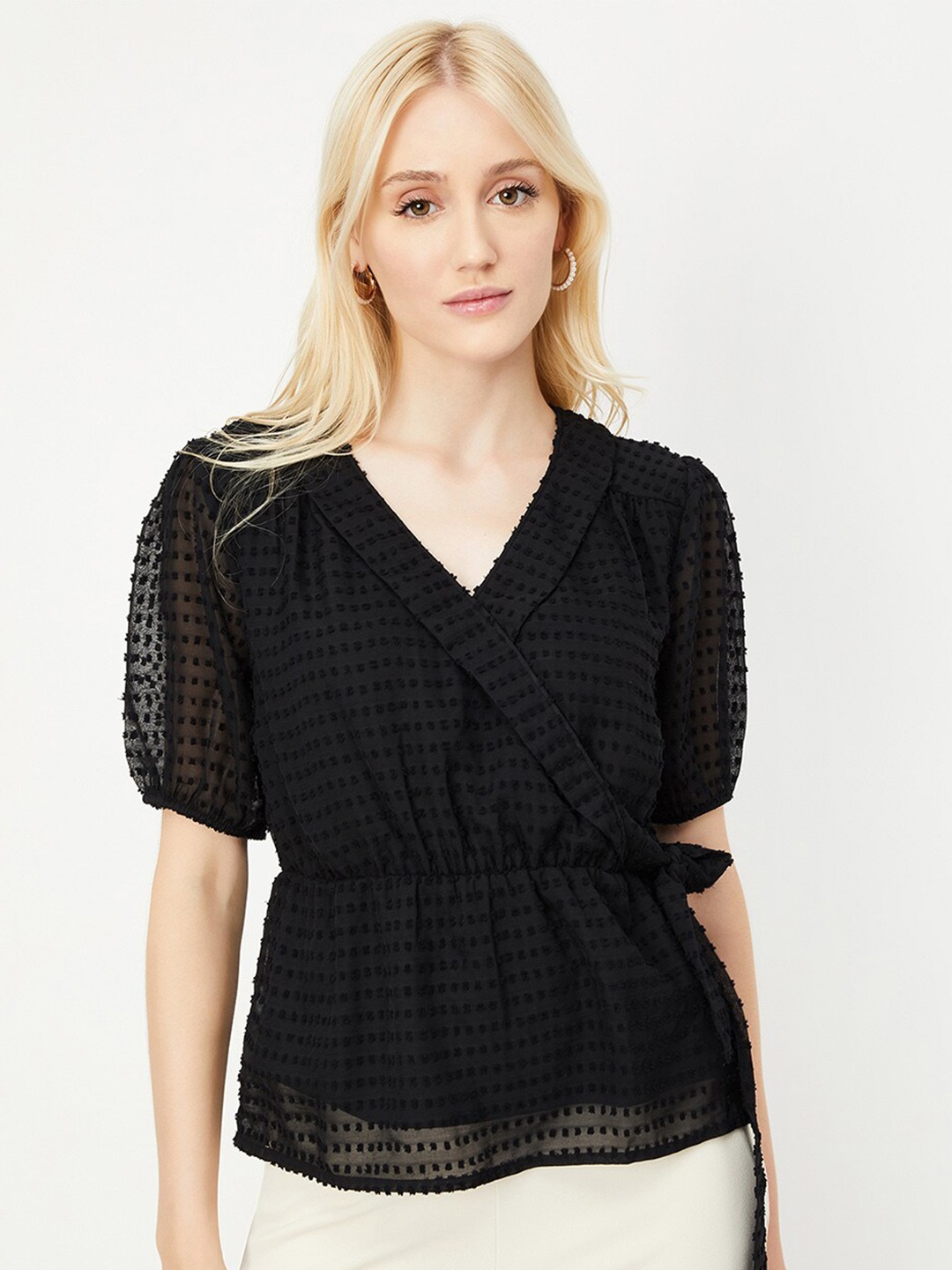

max Self Design V-Neck Short Puff Sleeves Wrap Top, Black